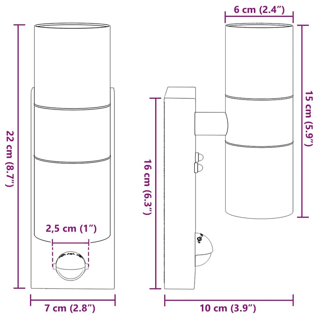 Luzes de Parede com Sensor 2 pcs Preto Aço Inoxidável IP44