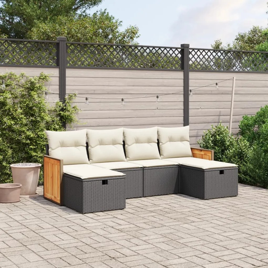 6 pcs conjunto sofás de jardim c/ almofadões vime PE preto