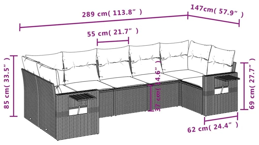 7 pcs conjunto de sofás jardim c/ almofadões vime PE castanho