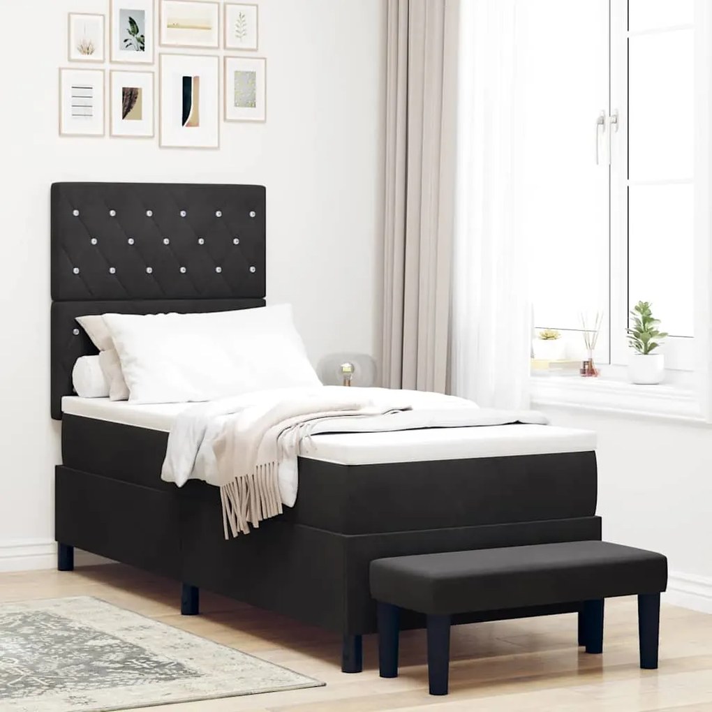 Cama Box Spring com Colchão &amp; Banco Preto 80x200 cm Veludo