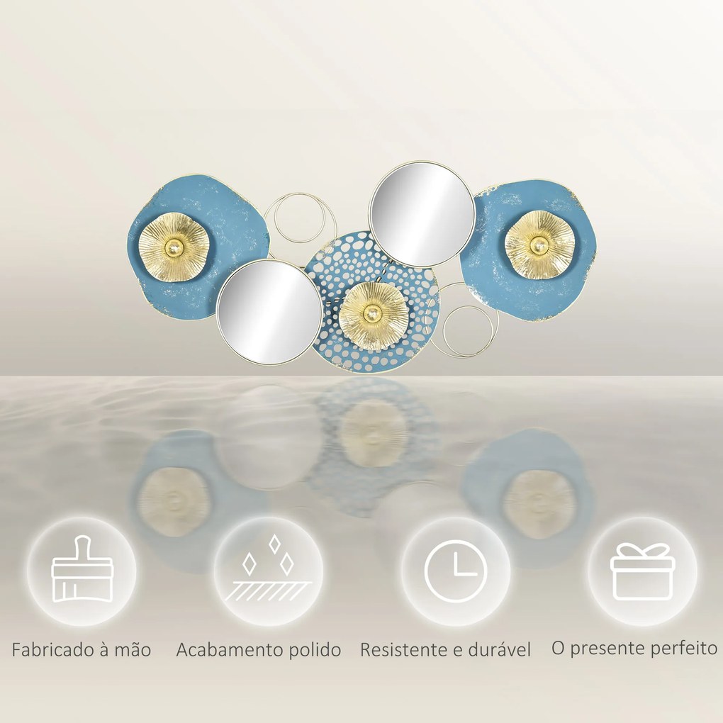 HOMCOM Decoração de Parede de Metal Espelho de Folhas de Flores 3D Arte de Parede Suspensa para Sala de Estar Dormitório Escritório 65x29cm Multicor