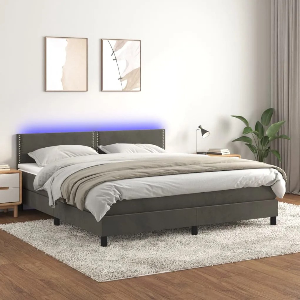 Cama box spring c/ colchão/LED 180x200cm veludo cinzento-escuro