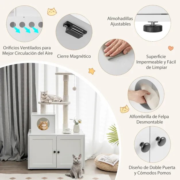 Caixa de areia para Gatos e armário de torre inicial com esconderijo e expositor 77-5 x 49 x 132 cm branco