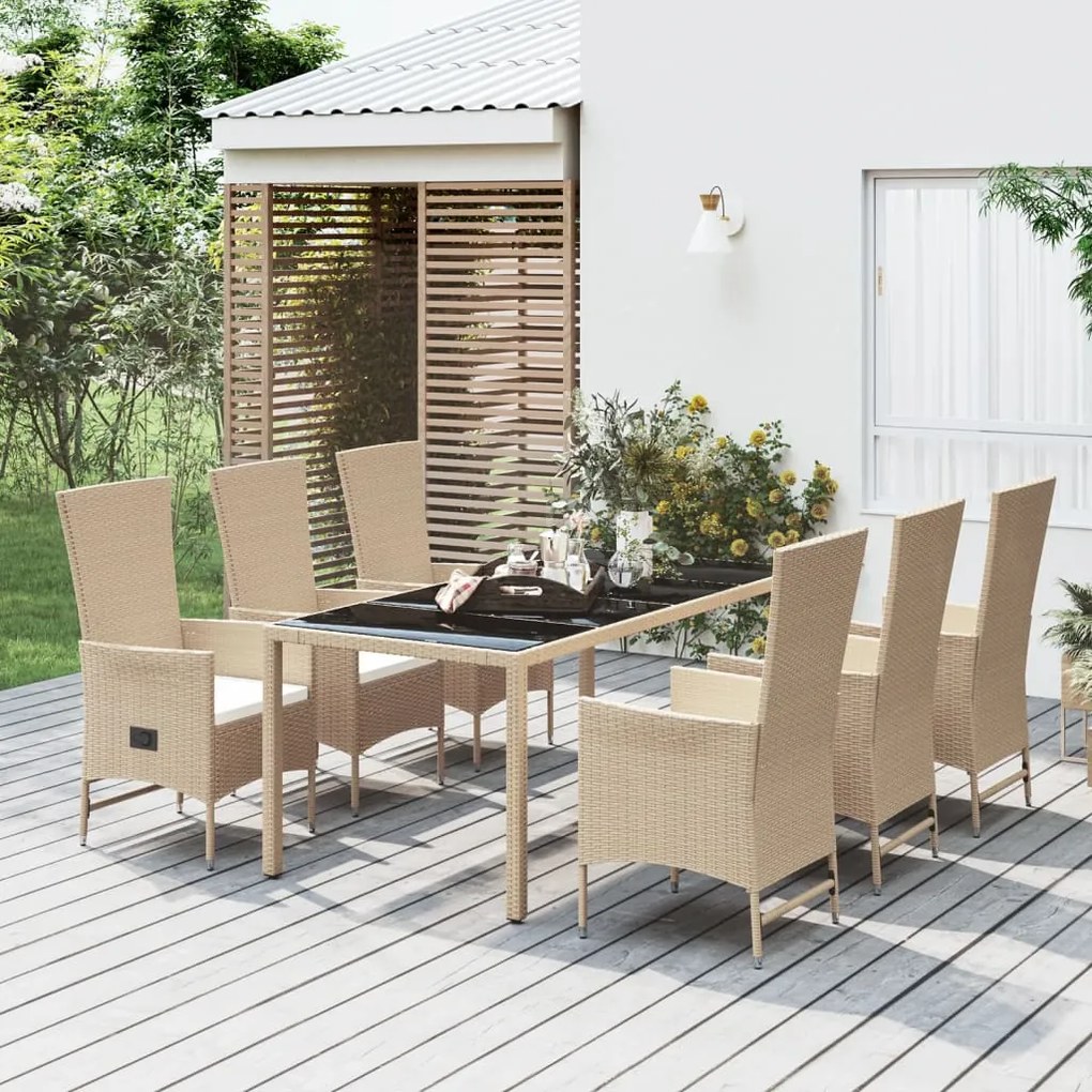 3157570 vidaXL 7 pcs conjunto de jantar p/ jardim com almofadões vime PE bege