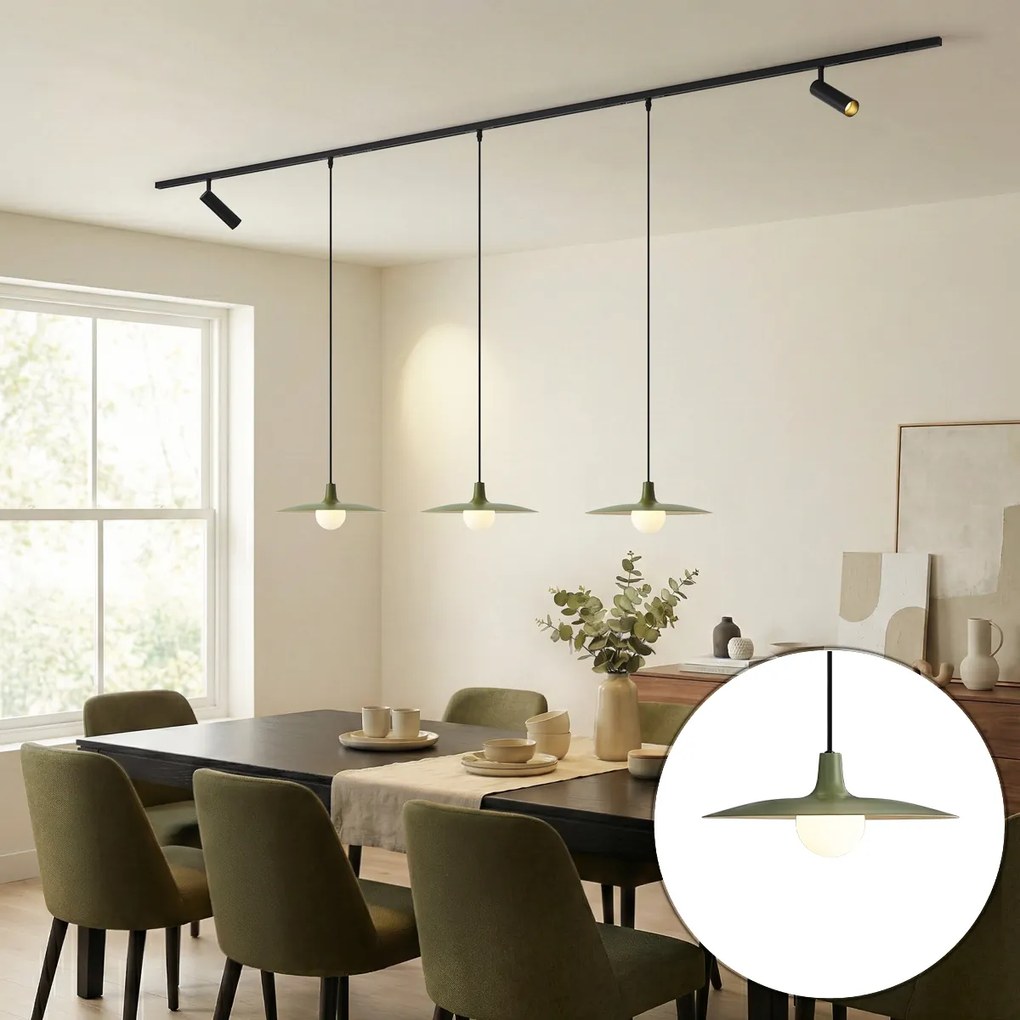 Sistema de calhas de iluminação moderno preto com 2 focos e 3 candeeiros suspensos verdes 1-fase - Slimline Uzzy Panzi