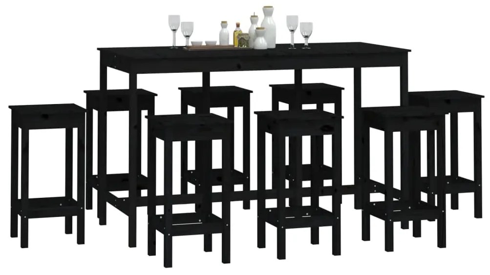 9 pcs conjunto de bar pinho maciço preto