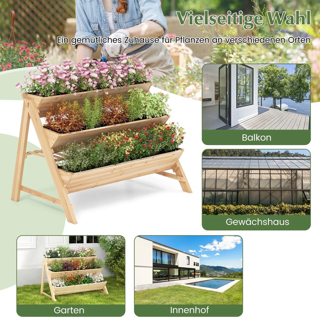 Floreira para vaos de jardim com 3 níveis, prateleira, 2 ganchos para pendurar e 3 forros para estufa 117 x 74 x 80 cm Natural