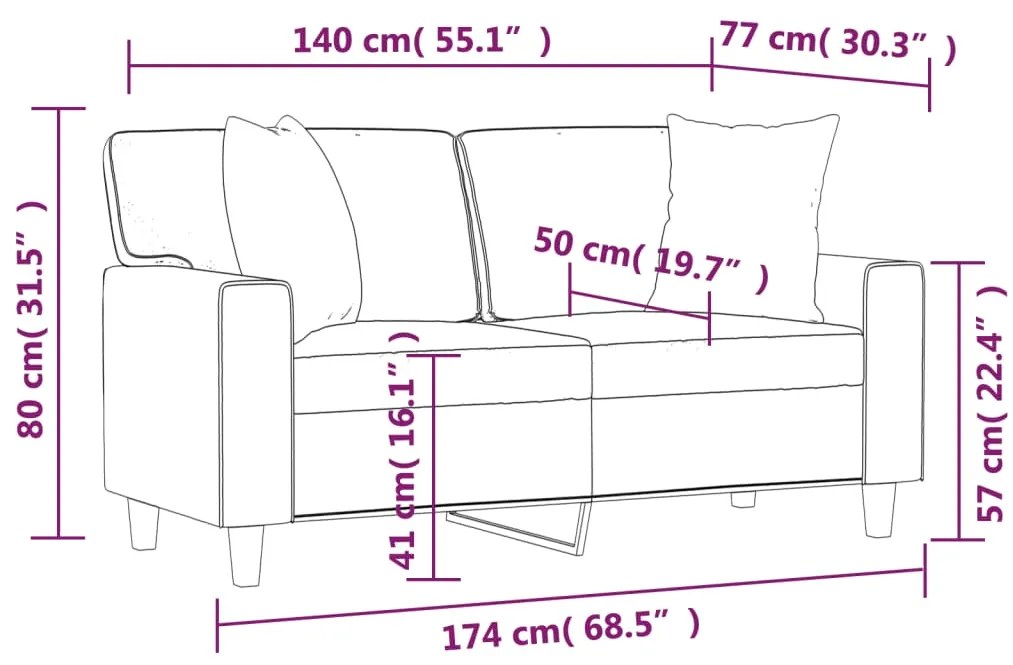 Sofá 2 lugares + almofadas 140 cm couro artificial cappuccino