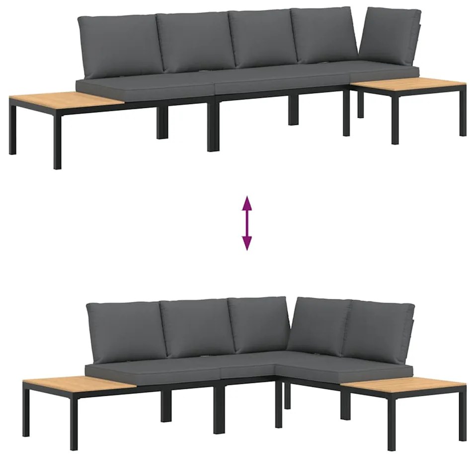 3 pcs conjunto de sofás p/ jardim c/ almofadões alumínio preto
