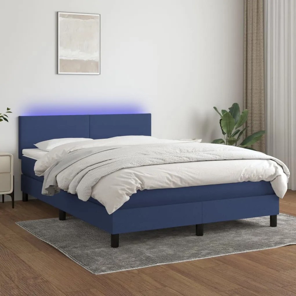 Cama box spring c/ colchão e LED 140x200 cm tecido azul