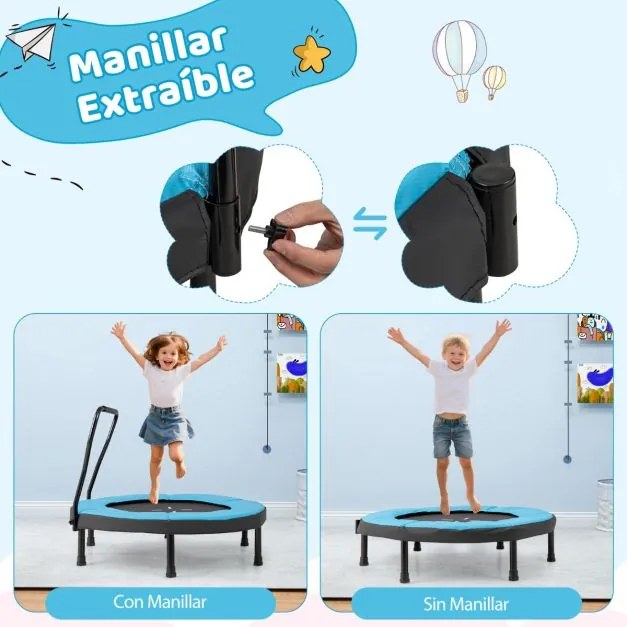 Trampolim infantil 102 cm ou de fitness para interior/exterior com barra em espuma e colchão de segurança para crianças Azul