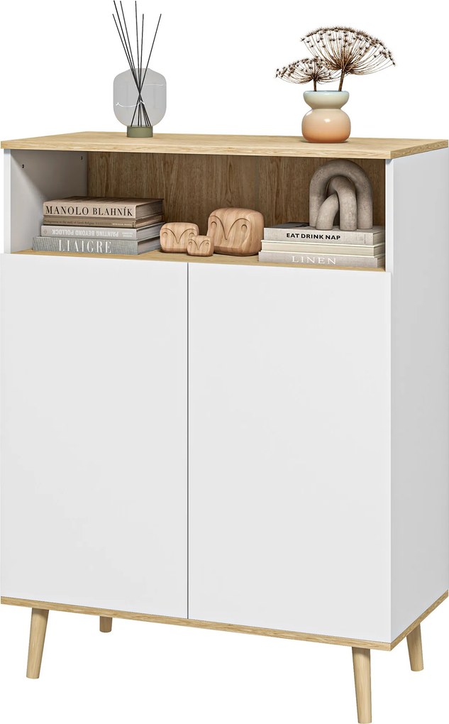 Móvel de arrumação tipo aparador escandinavo com 2 portas e prateleira interior 80 x 38 x 102 cm, branco com acabamento em imitação de madeira