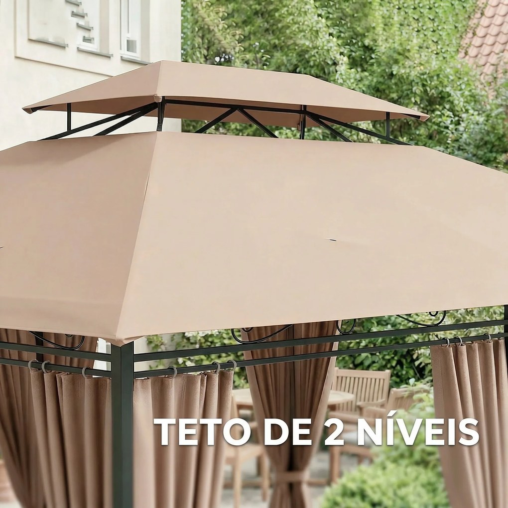 Pérgola para Jardim 3x4 m Pérgola de Exterior com Telhado Duplo 6 Paredes Laterais Estrutura Metálica Caqui