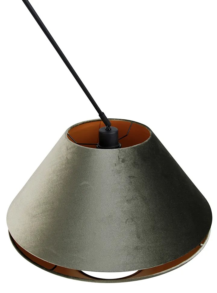 Candeeiro Pendente Preto com Abajur Duplo em Veludo Verde e Interior Dourado - Blitz Clássico / Antigo,Moderno