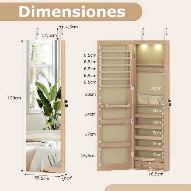 Armário de joias em madeira com espelho de parede e LED interno Organizador de porta ou parede com chave 35,5 x 10 x 120 cm Natural