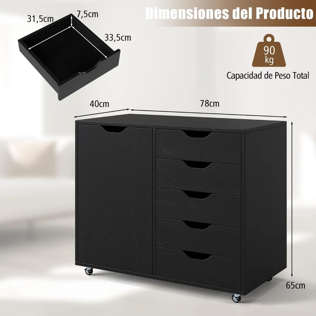 Arquivo escritório 78 x 40 x 65 cm com 5 gavetas com 4 rodas giratórias Preto