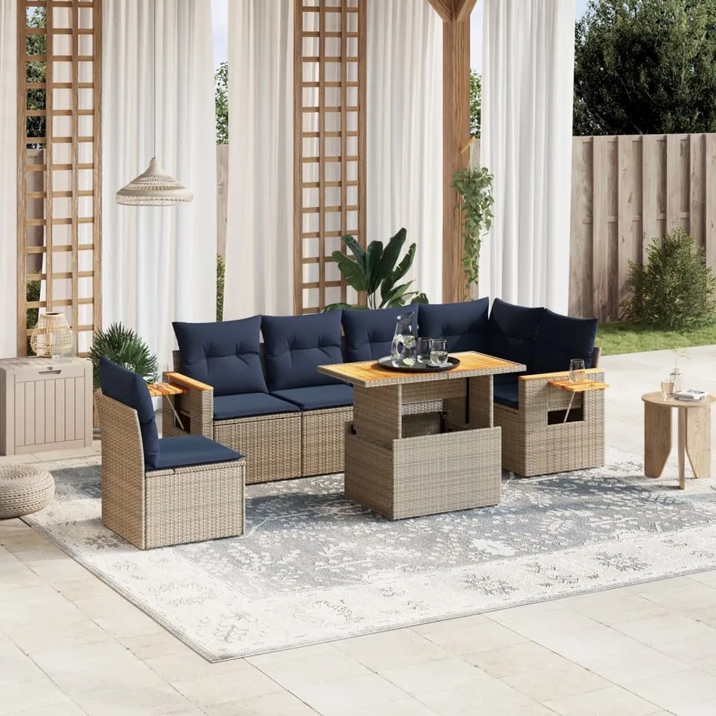 vidaXL 7 pcs conjunto sofás p/ jardim c/ almofadões vime PE cinzento