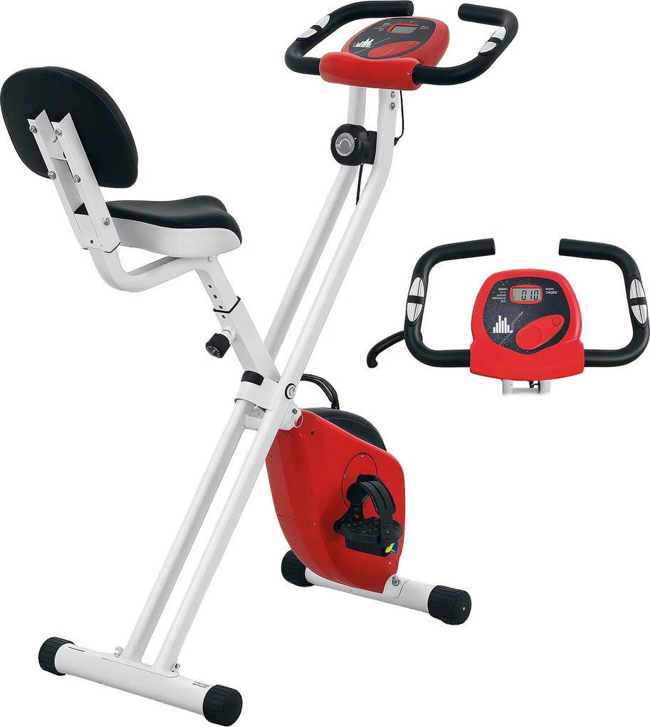 Bicicleta estática dobrável 8 níveis de resistência, encosto e selim ajustáveis, vermelha