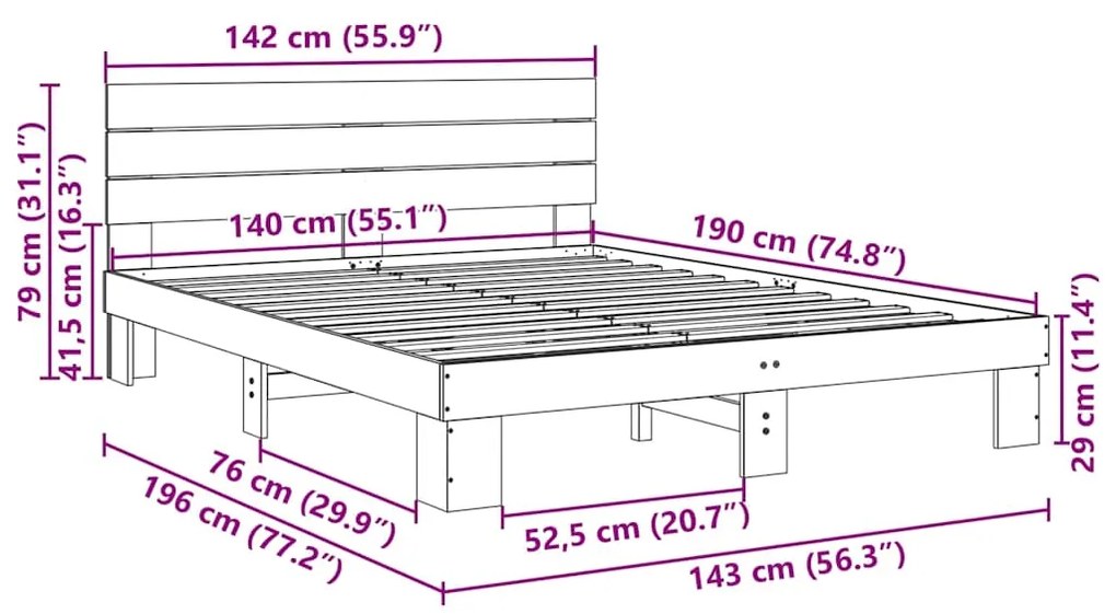 Estrutura cama cabeceira sem colchão 140x190 cm maciça carvalho