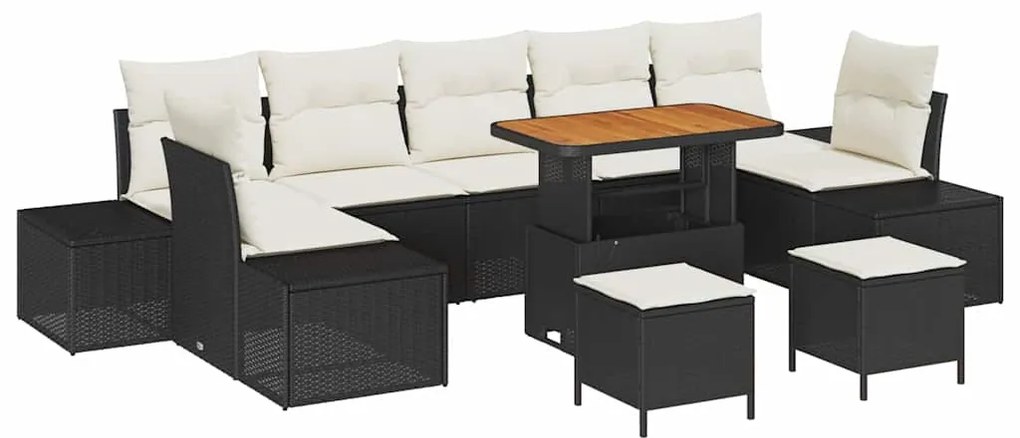 Sofá de Jardim em 10 Peças com Almofadas Polyrattan Preto e Acácia