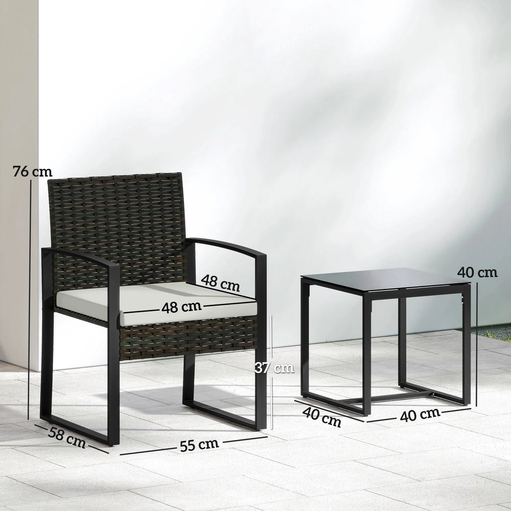 Conjunto de Móveis de Jardim de 3 Peças em Vime PE com Cadeiras Mesa de Vidro Temperado e Almofadas Castanho e Creme