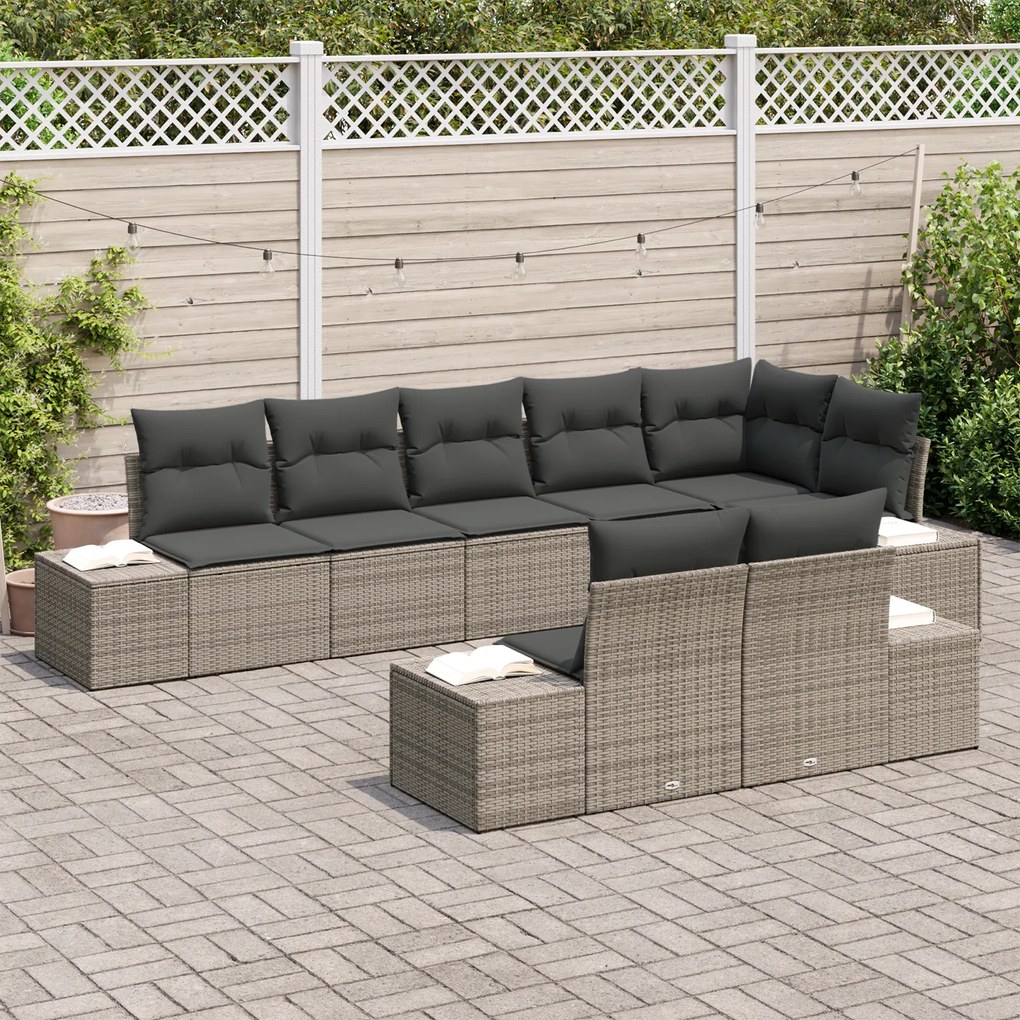 Conjunto de Sofá de Jardim de 8 Peças com Almofadas Cinzas em Rattan S