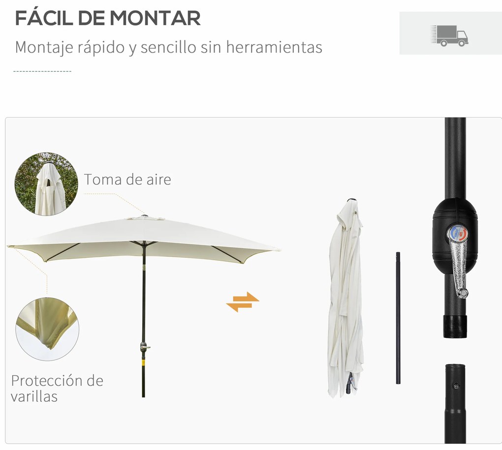 Outsunny Chapéu de Sol de Alumínio 200x300x240cm Chapéu de Sol Retangular de Jardim Inclinável com Manivela e Mastro Desmontável para Terraço Piscina Pátio Exterior Creme