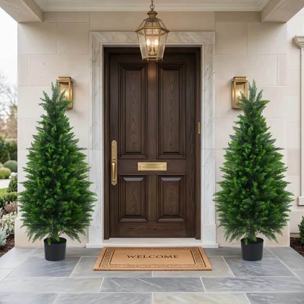 Conjunto de 2 árvores artificiais de cedro de 120 cm, cipreste perene realista em vaso de cimento, para interior, exterior, alpendre, entrada e sala V
