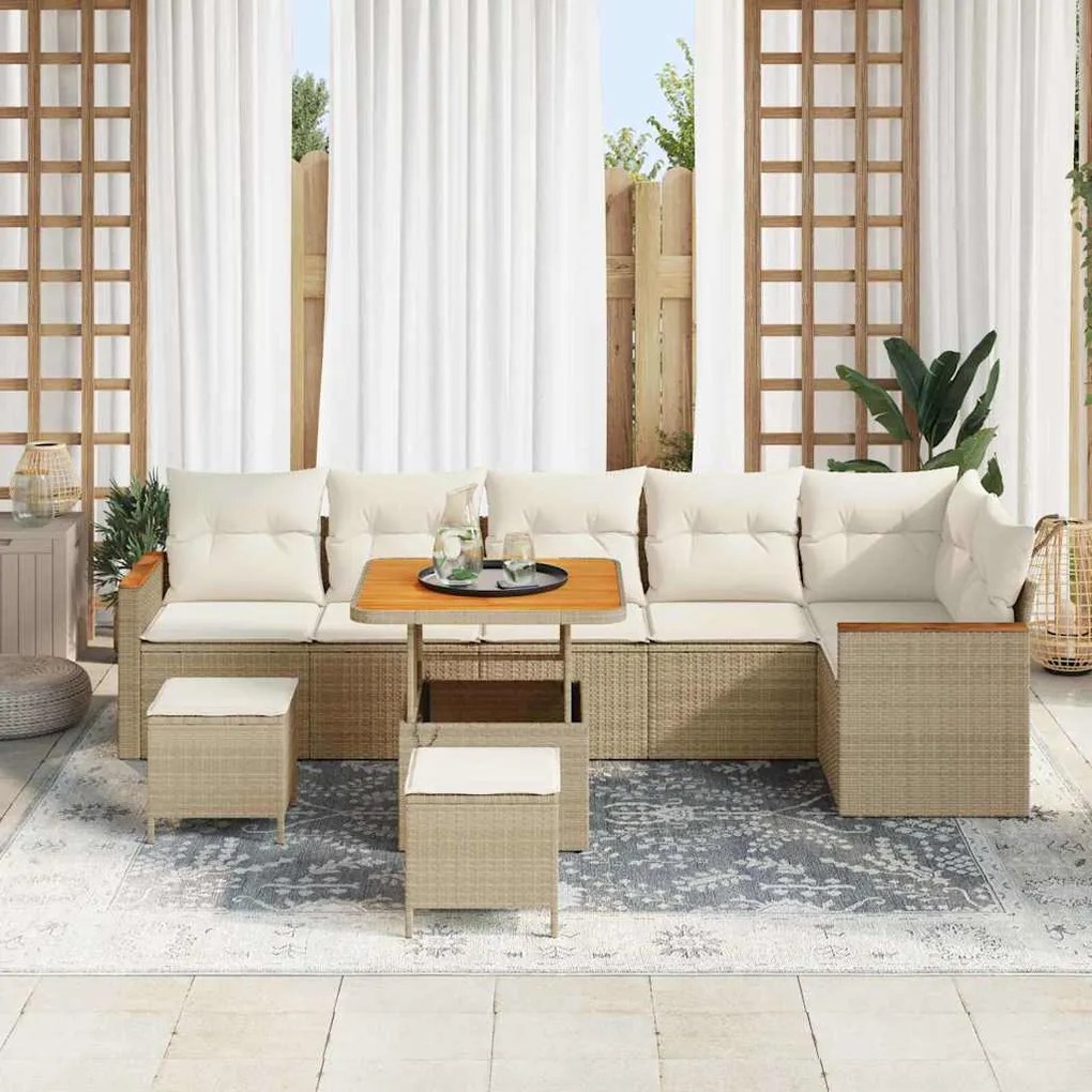 Conjunto de Sofá de Jardim 9 Peças com Almofadas Bege em Rattan Sintét