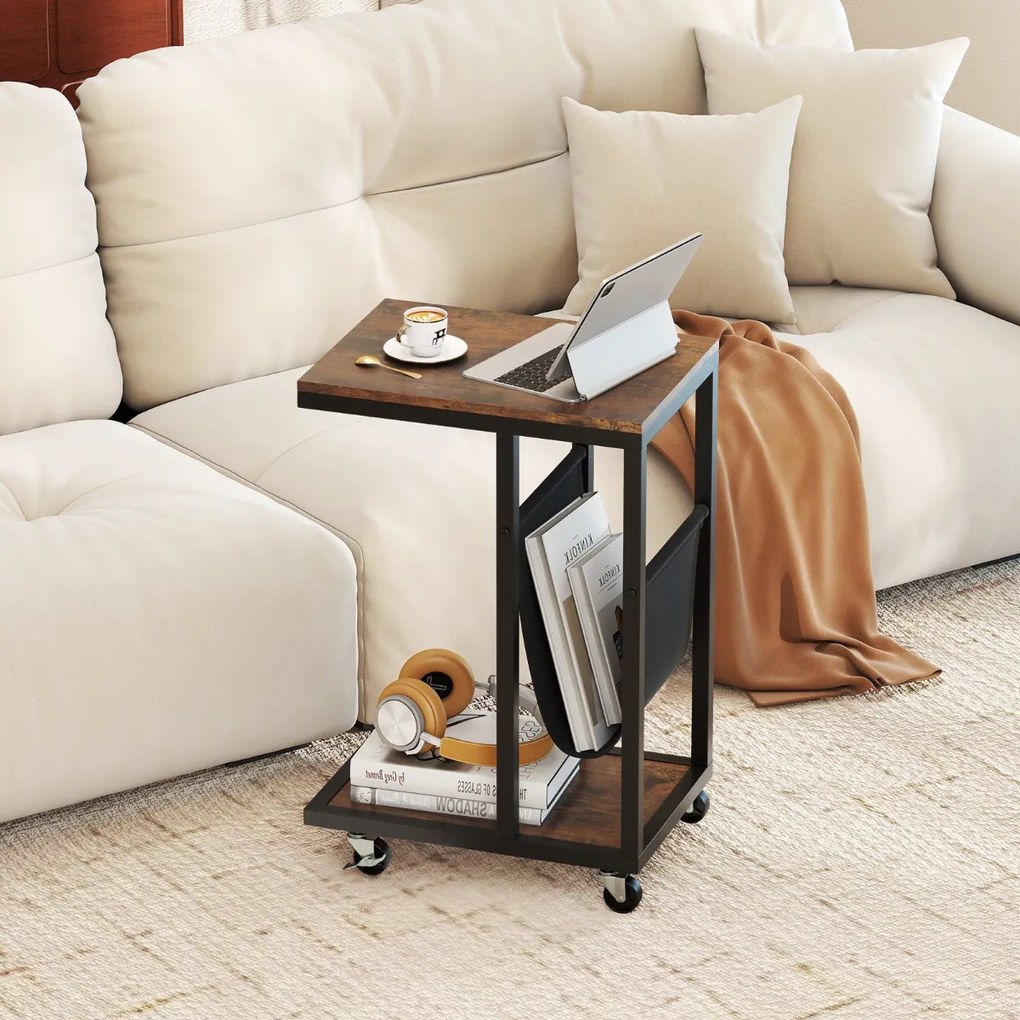 Mesa Auxiliar em Forma de C com Rodas Mesa de Sofá Industrial de 3 Níveis com Estrutura de Metal 40 x 28 x 59 cm Castanho Rústico