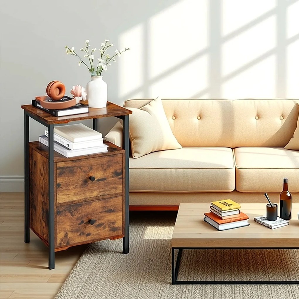 Mesa de cabeceira, mesa de apoio, com 2 gavetas 38 x 28 x 60 cm Castanho Vintage -preto