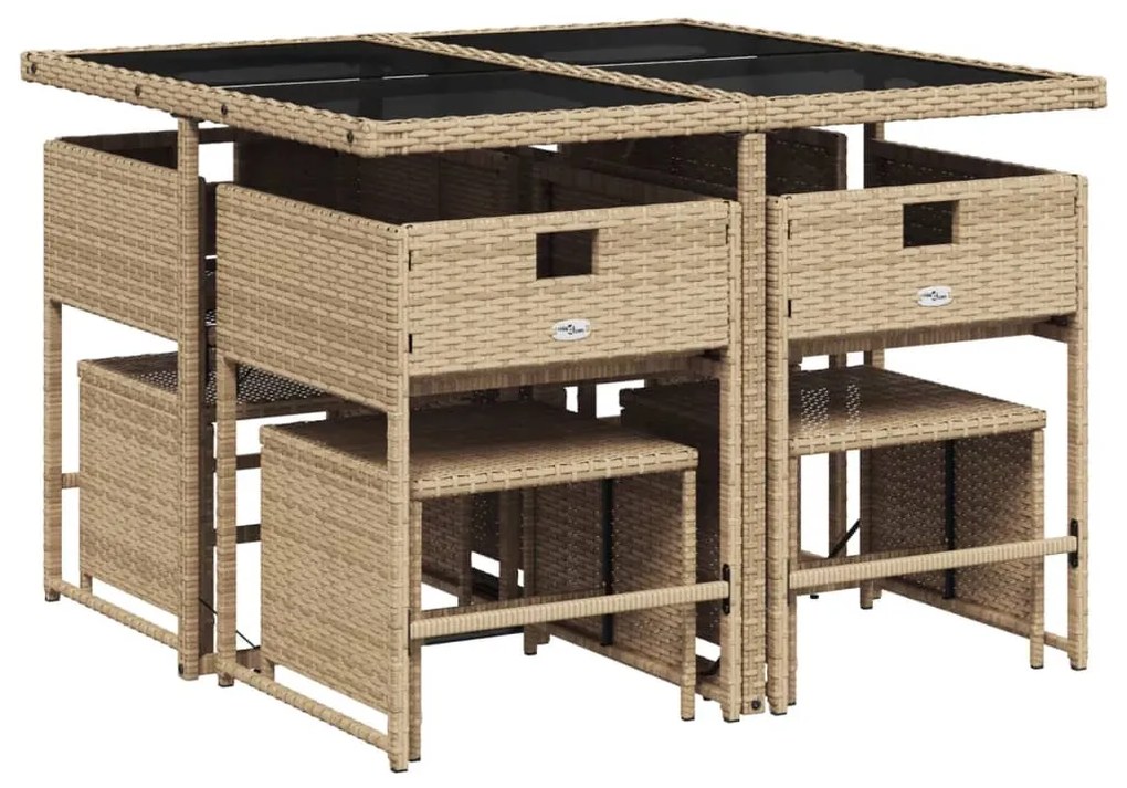 9 pcs conjunto de jantar p/ jardim com almofadões vime PE bege
