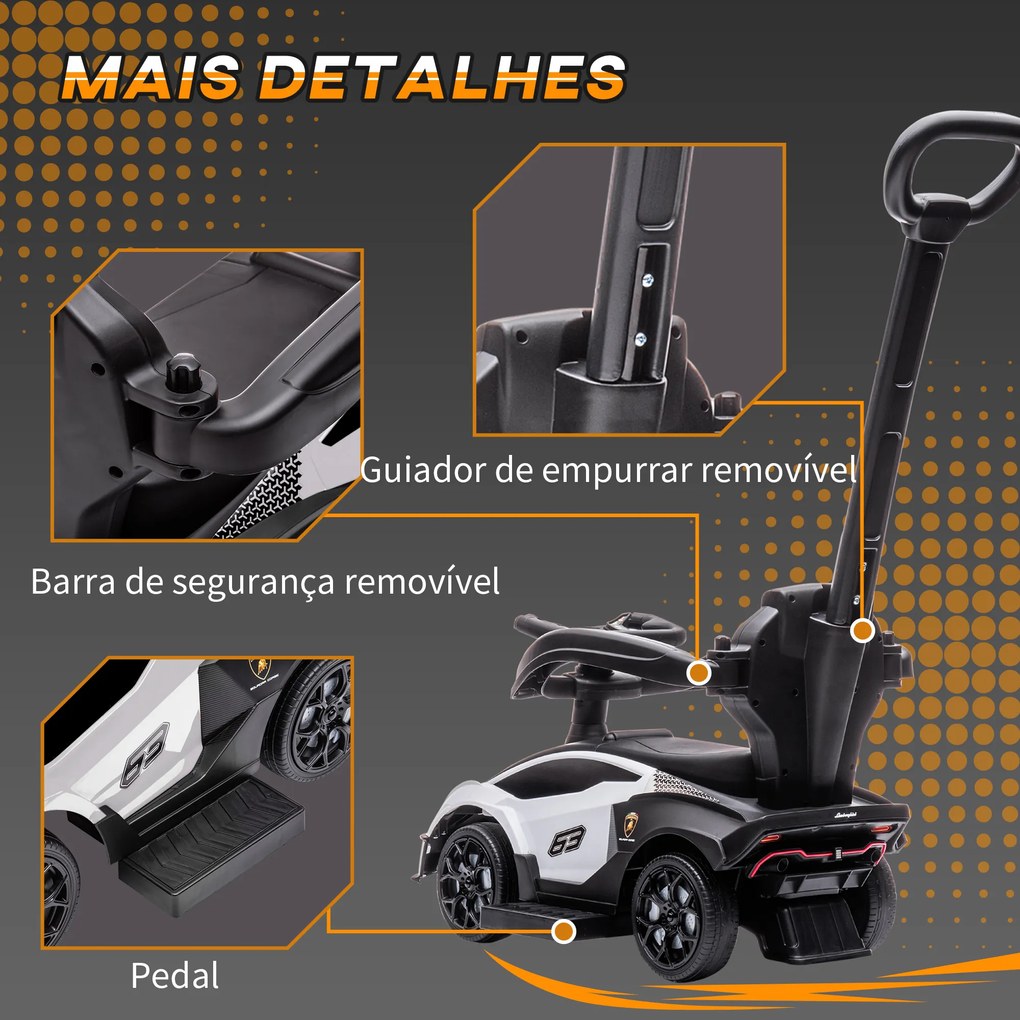 AIYAPLAY 2 em 1 Carro Andador para Crianças 12-36 Meses Lamborghini Essenza SCV2 Carro Andador com Buzina Guiador e Grade de Segurança Removível 86,5x40x89,5cm Branco e Preto