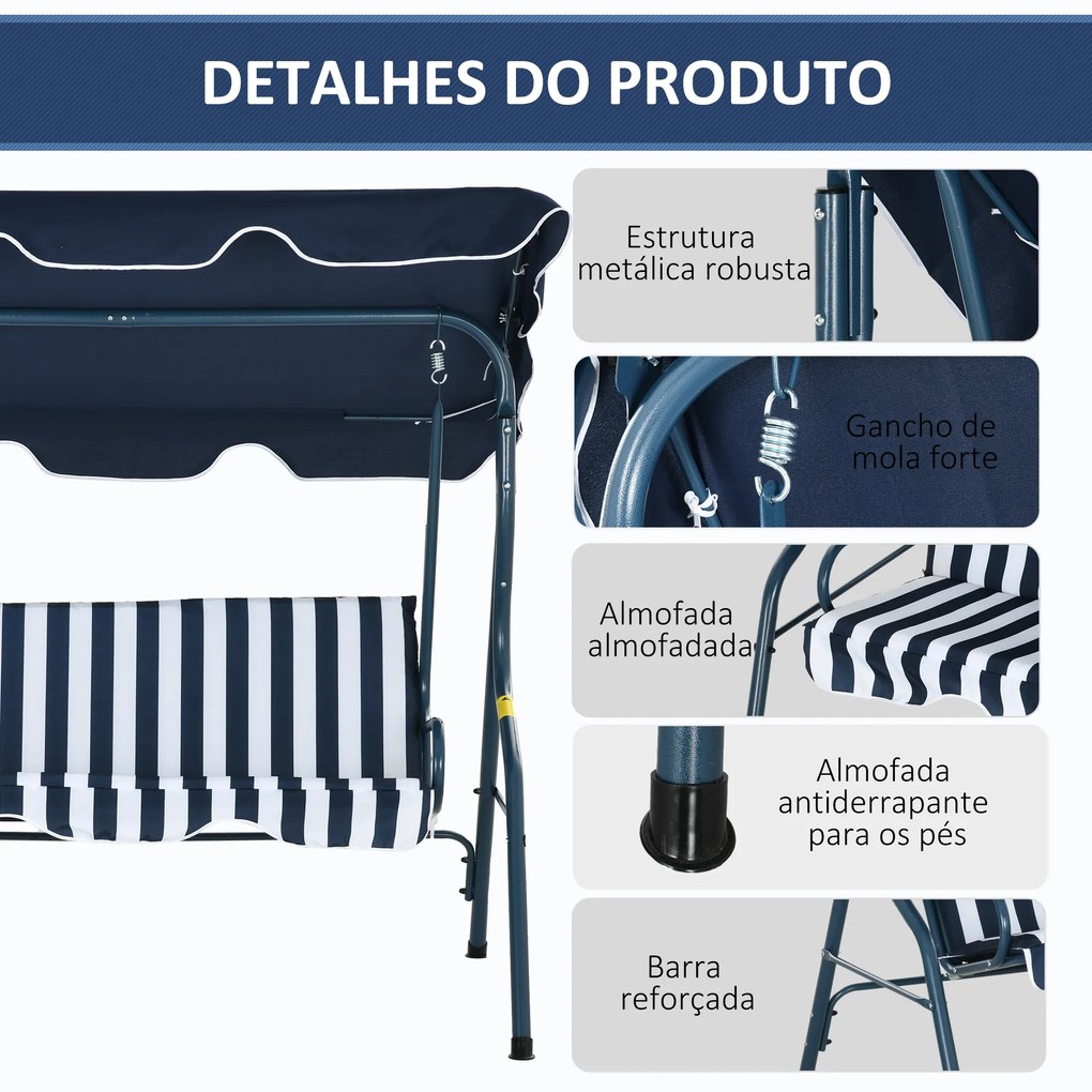 Baloiço de Jardim de 2-3 Lugares com Almofada Toldo Ajustável Terraço Patio Capacidade 240kg 170x110x153cm Azul e Branco