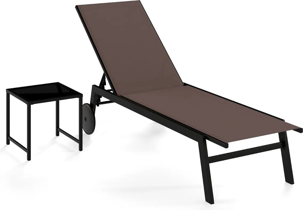 Conjunto de jardim com Espreguiçadeira jardim Tecido respirável Encosto ajustável Rodas e  Mesa de vidro temperado Castanho