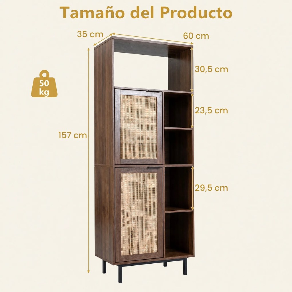 Estante de Arrumação, 60 x 35 x 157 cm, Portas de Vime, Castanho