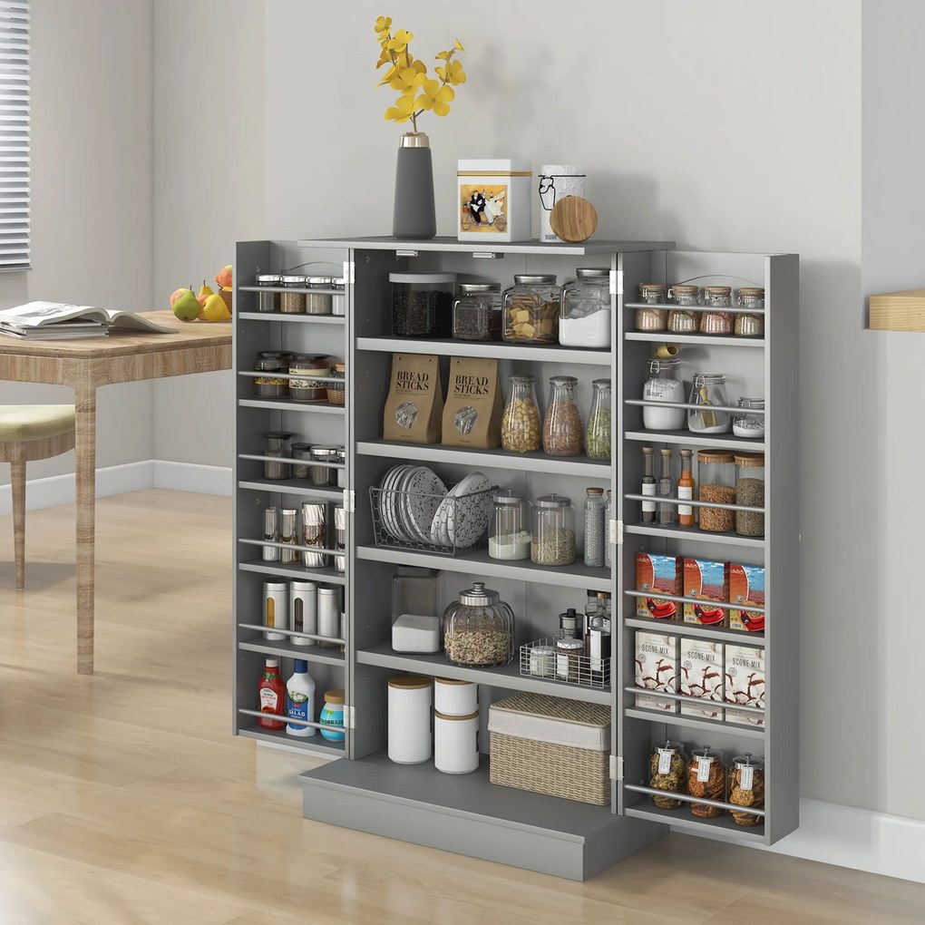 Armário de Cozinha Armário Despensa Cozinha com 2 Portas e 16 Prateleiras Armário Moderno 60x30x104 cm Cinzento