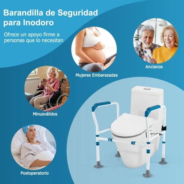 Apoio de braço para sanita para idosos com calha de segurança ajustável em altura e largura e correia fixa para deficientes Azul