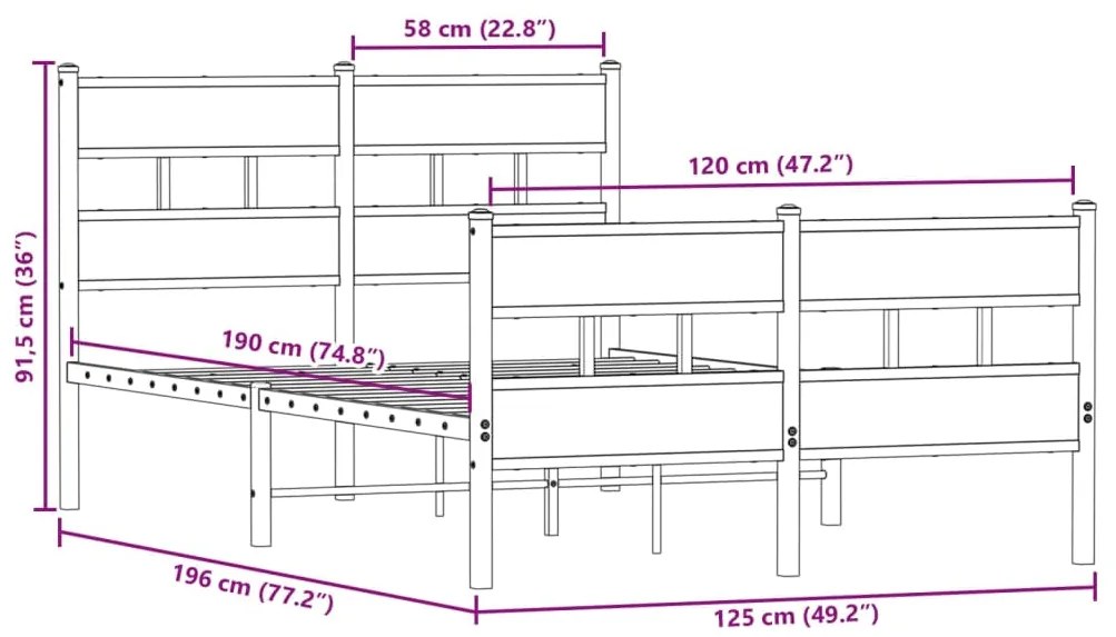 Estrutura de cama sem colchão 120x190 cm metal carvalho sonoma