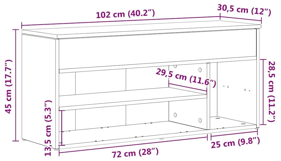 Banco sapateira 102x30,5x45 cm deriv. madeira carvalho castanho