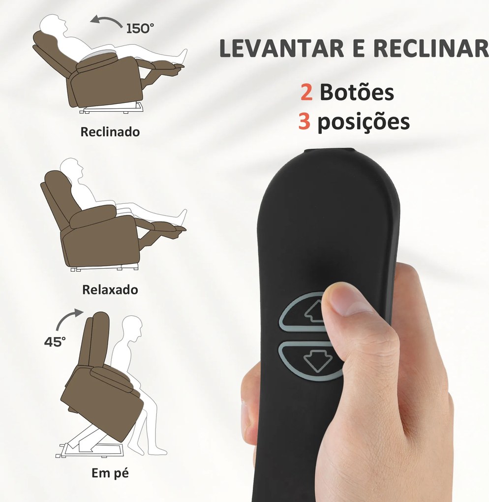 Poltrona Relax Reclinável Elétrica Levanta Pessoas com Comando, Porta USB e Bolsos Laterais Castanho