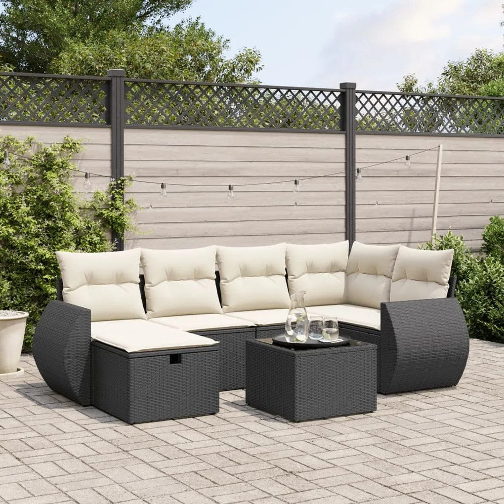 7 pcs conjunto de sofás p/ jardim c/ almofadões vime PE preto