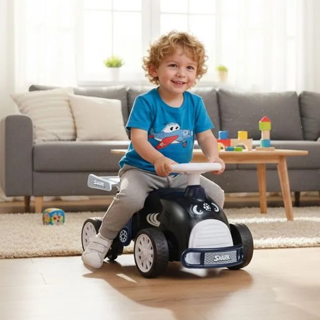 Andarilho infantil Tubarão com música, arrumação debaixo do assento e rodas universais para crianças dos 19 aos 36 meses Preto+Azul