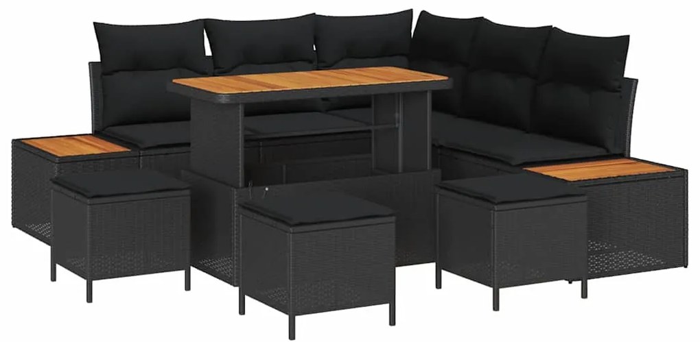 Conjunto de Sofá de Jardim com 9 Peças e Almofadas Pretas em Rattan de