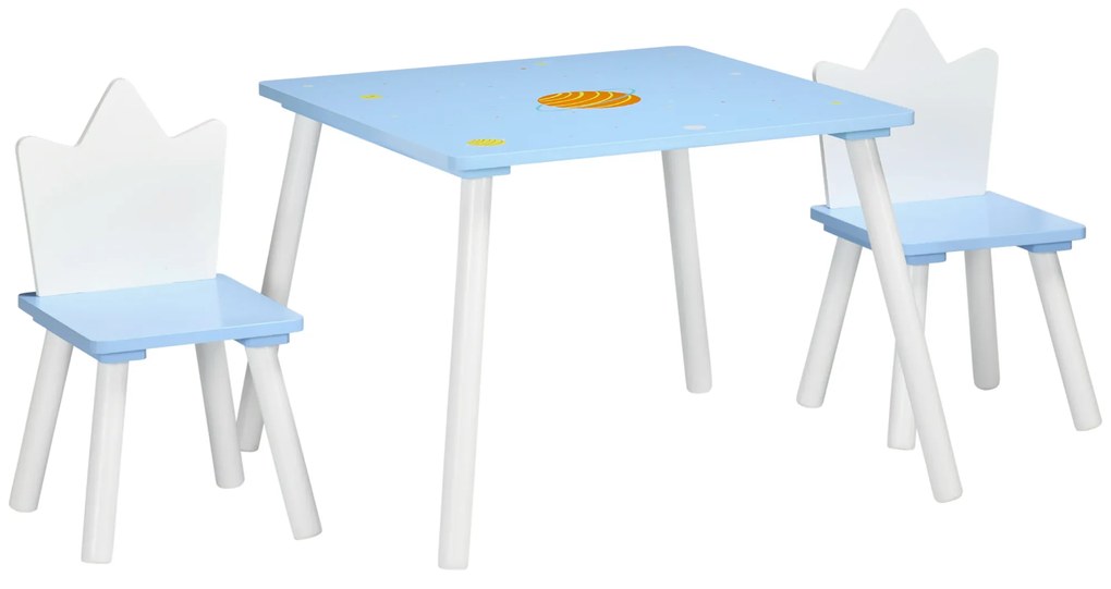 ZONEKIZ Conjunto de Mesa e 2 Cadeiras Infantil Mesa Infantil Móveis de Madeira Crianças para Sala de Estar Brinquedoteca Dormitório 68x68x47cm e 30x30x51,5cm Azul