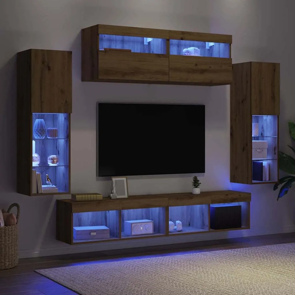 Armários de TV vidaXL com Luzes LED 2 pcs Carvalho Artesanal 80x30x30