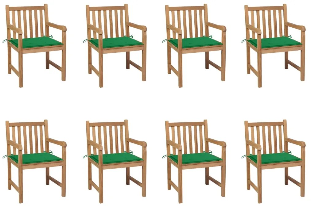 vidaXL Cadeiras de jardim c/ almofadões verde 8 pcs teca maciça