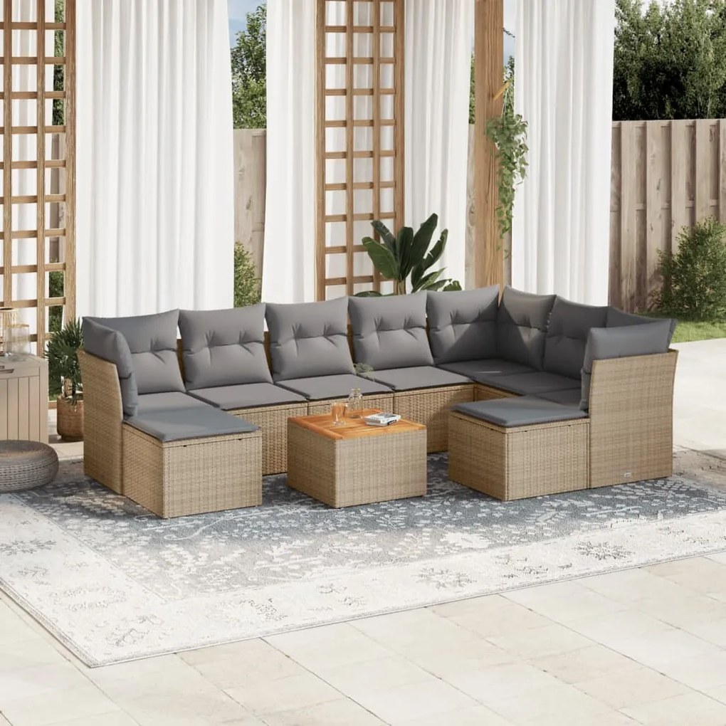 vidaXL 10 pcs conj. sofás jardim c/ almofadões vime PE bege misturado