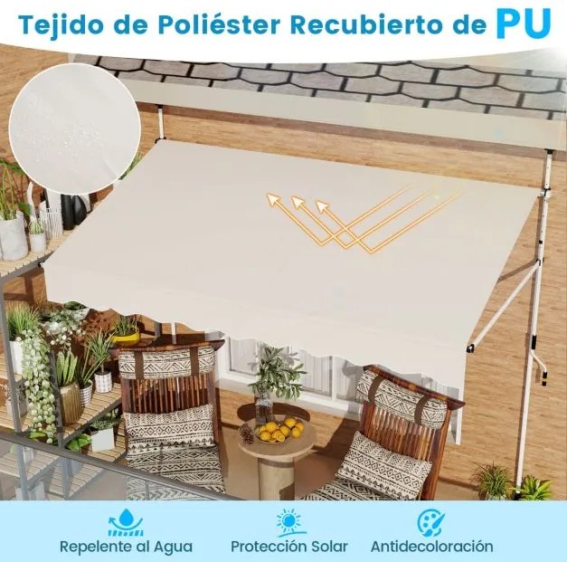 Toldo retrátil manual 2,5 m x 3 m Toldo exterior com altura ajustável Manivela e sem perfuração para janela Porta Terraço Branco