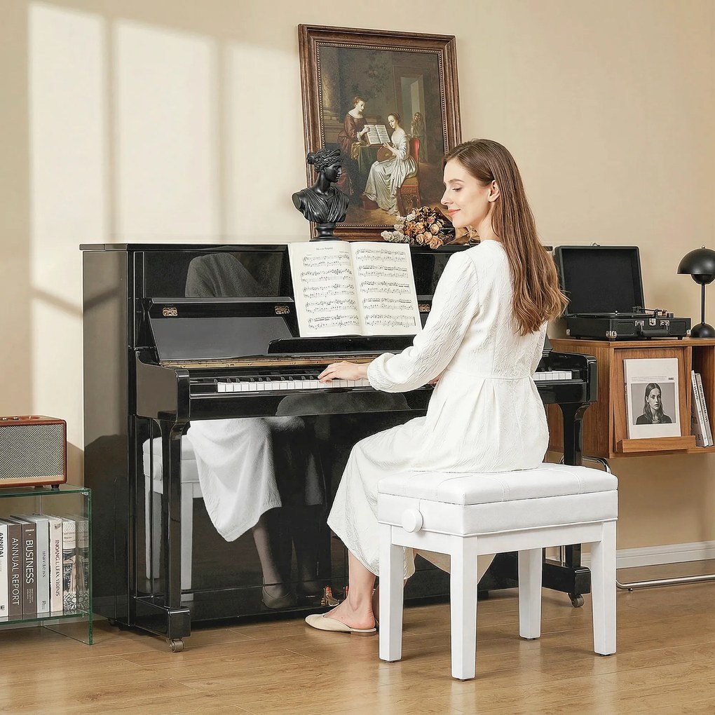 Banco de piano com baú integrado, altura ajustável, em madeira de seringueira, assento com revestimento sintético branco